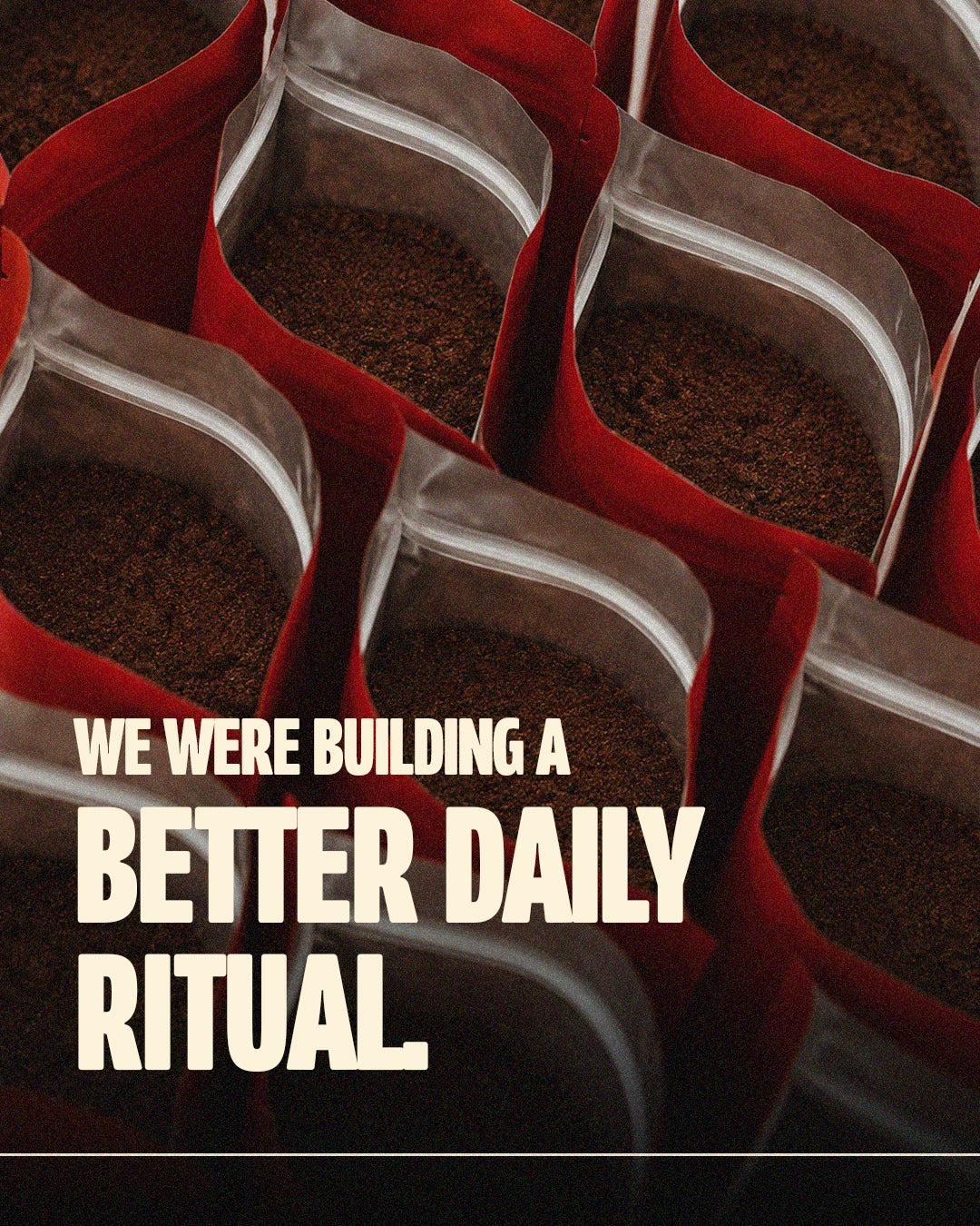 Open OishiBruu coffee pouches with the words We were building a better daily ritual