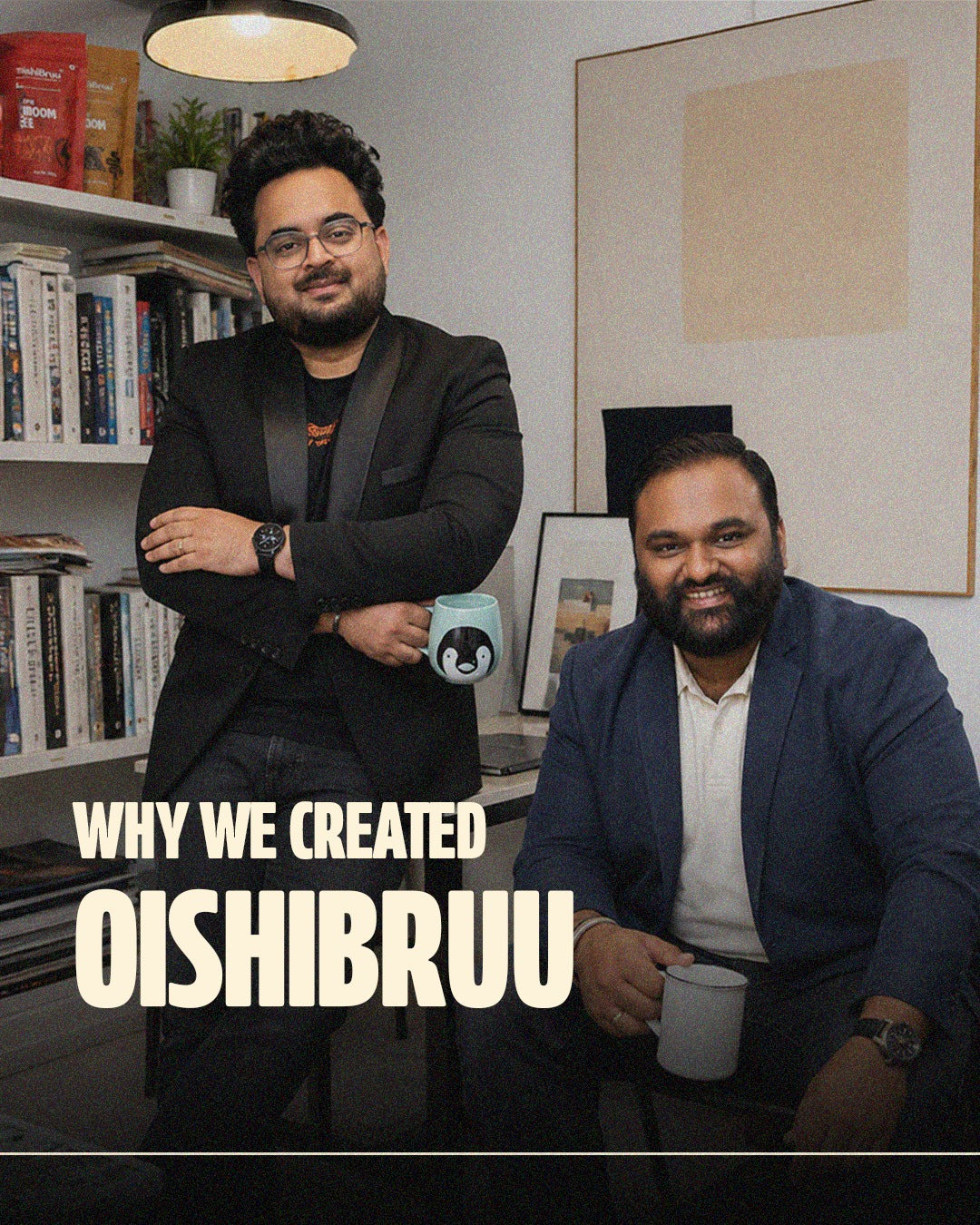 Two OishiBruu founders sharing coffee in a book-lined room