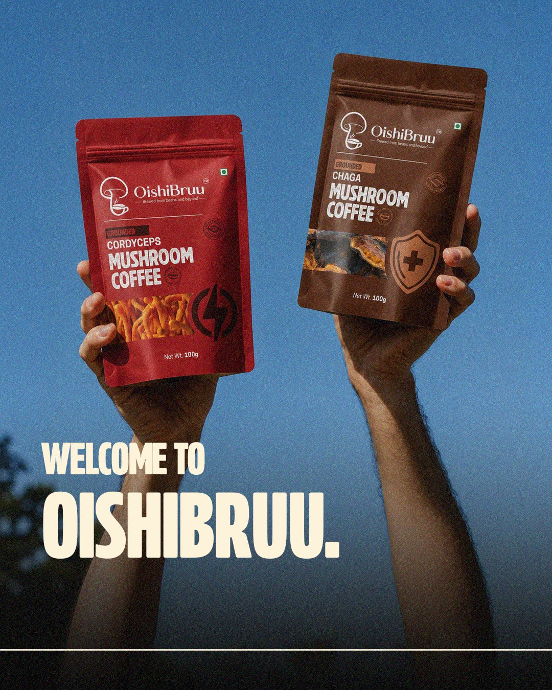 Hands holding OishiBruu Cordyceps and Chaga mushroom coffee pouches